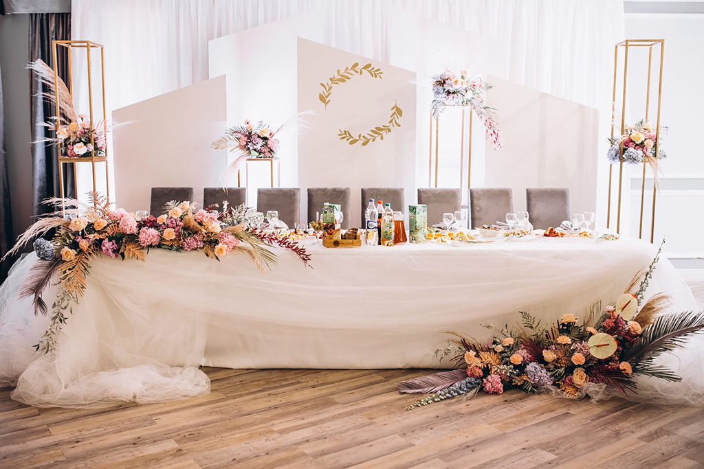 Decorated wedding tables and hall interior